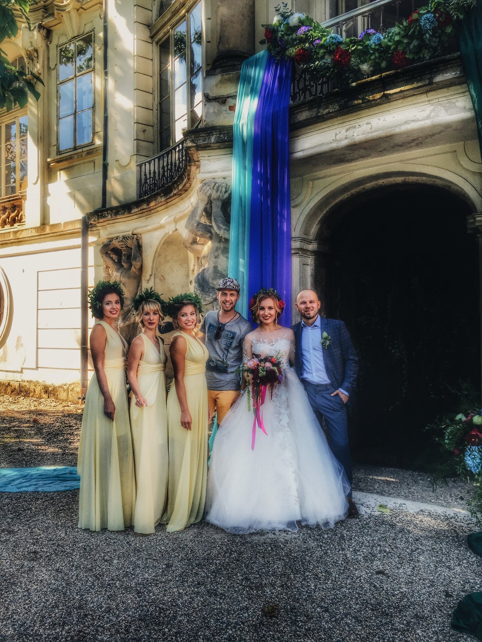 The bride and her friends outside a Prague wedding venue